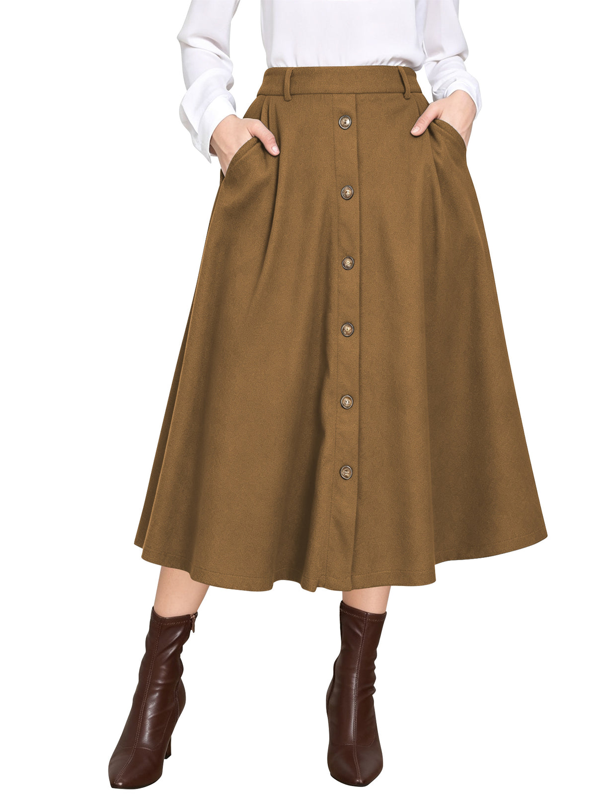TEMOFON Womens Midi Skirt High Waisted A Line Skirt Button Front Long Skirt Casual Winter Skirt Fall Fashion Skirt for Women