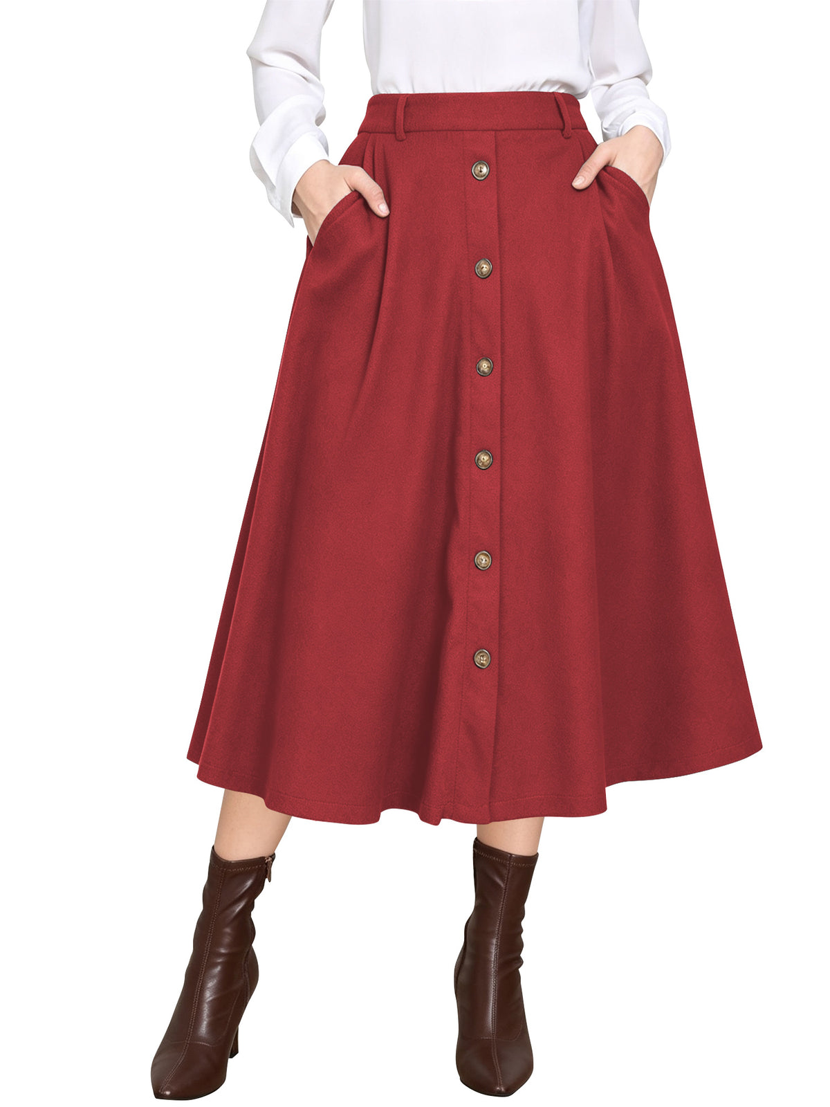 TEMOFON Womens Midi Skirt High Waisted A Line Skirt Button Front Long Skirt Casual Winter Skirt Fall Fashion Skirt for Women
