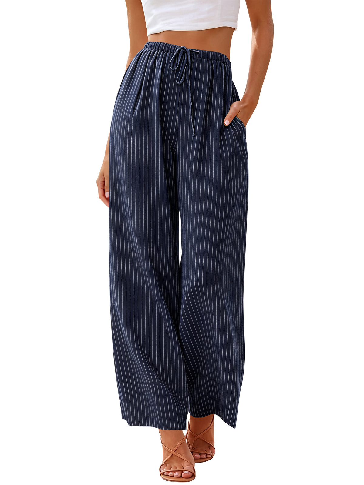 TEMOFON Womens Linen Blend Striped Pants High Waisted Wide Leg Casual Drawstring Pants with Pockets Beach Vacation Palazzo Trousers