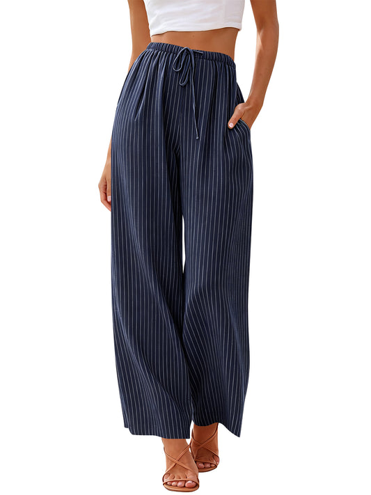 TEMOFON Womens Linen Blend Striped Pants High Waisted Wide Leg Casual Drawstring Pants with Pockets Beach Vacation Palazzo Trousers