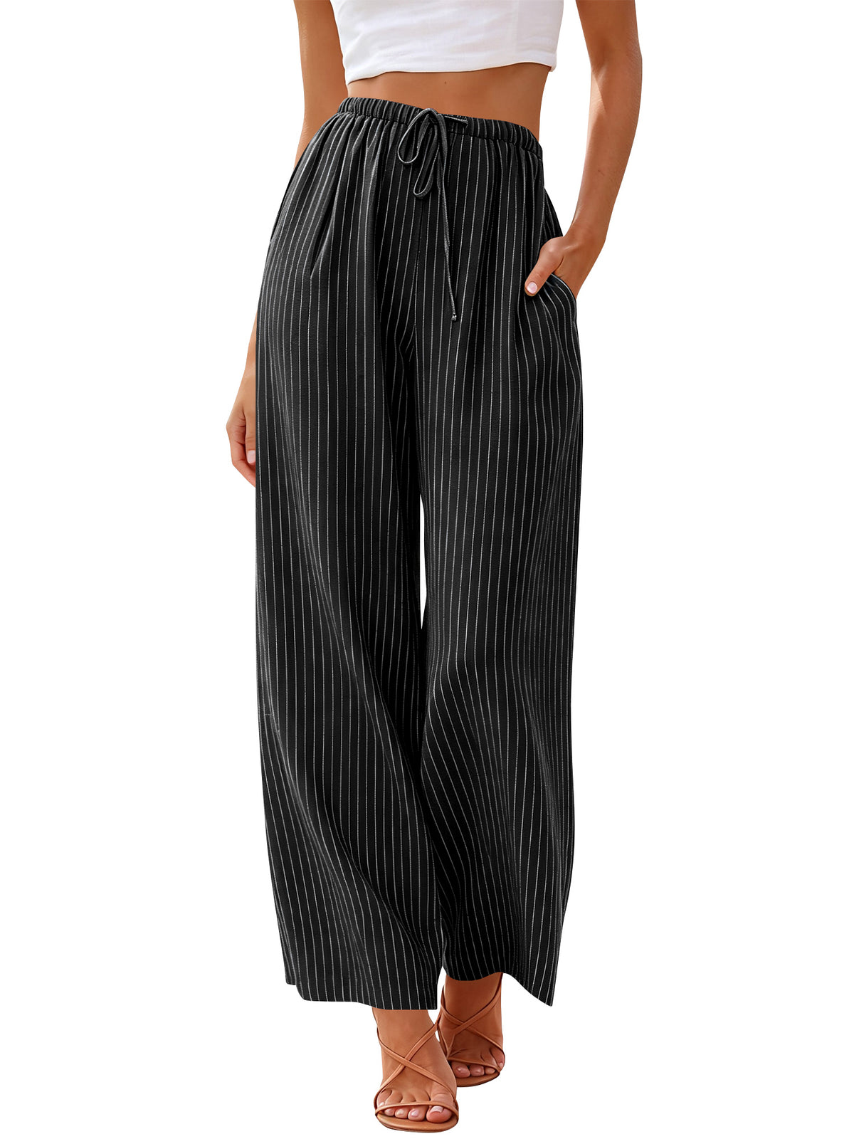 TEMOFON Womens Linen Blend Striped Pants High Waisted Wide Leg Casual Drawstring Pants with Pockets Beach Vacation Palazzo Trousers