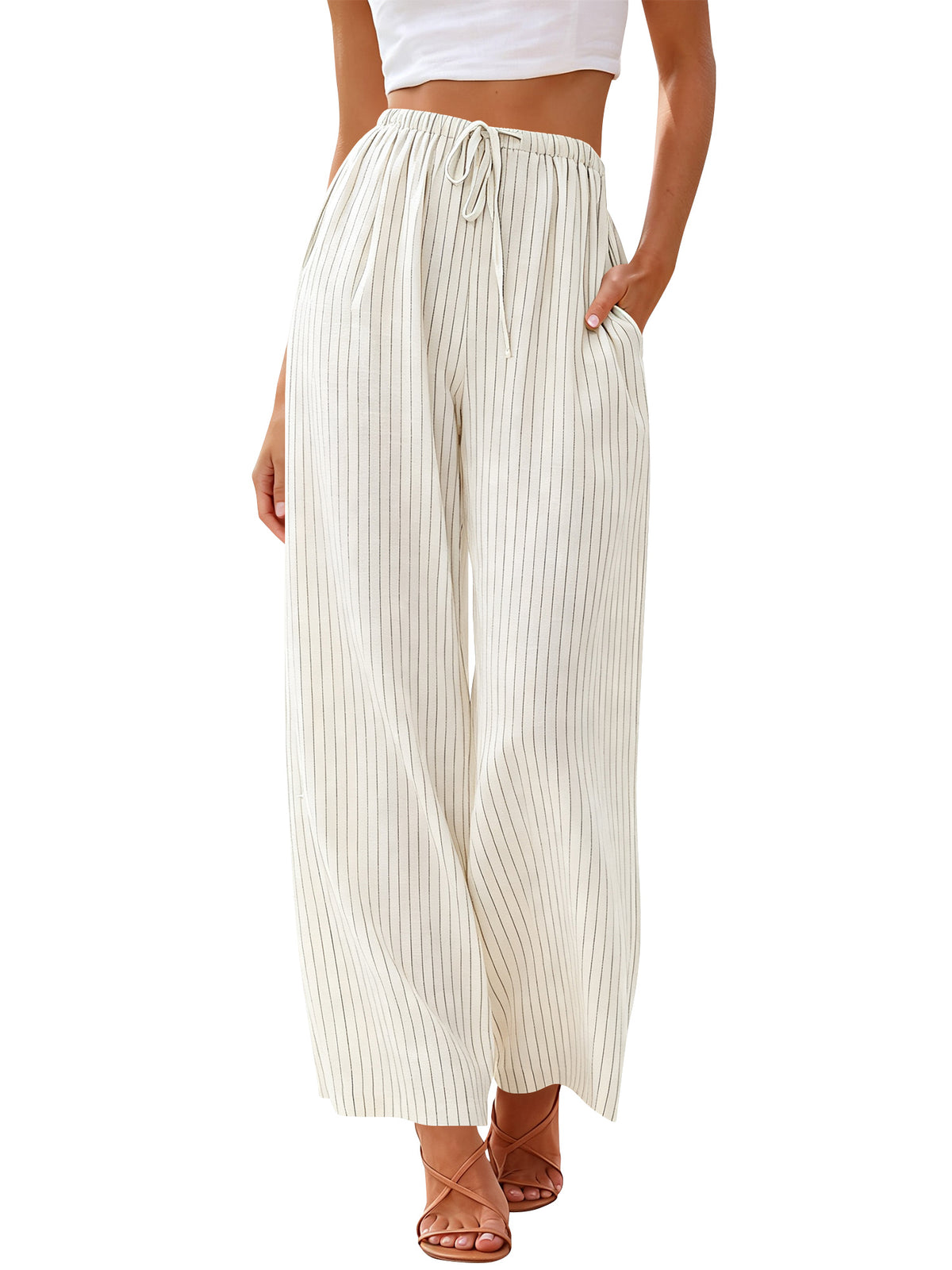 TEMOFON Womens Linen Blend Striped Pants High Waisted Wide Leg Casual Drawstring Pants with Pockets Beach Vacation Palazzo Trousers