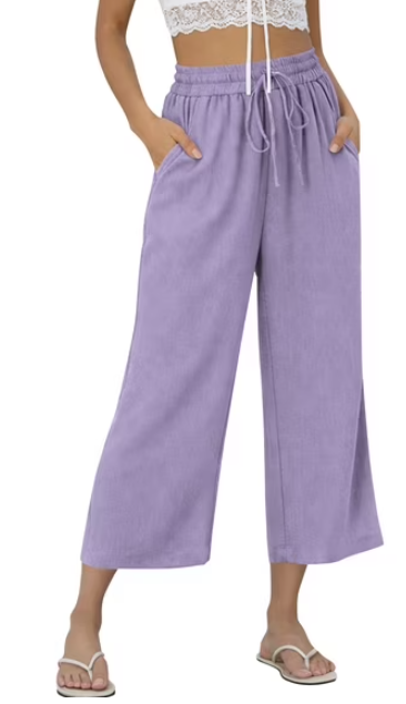 TEMOFON Pants for Women Summer Linen Pants with Pockets Casual Wide Leg Capri Pants Flowy Waisted Drawstring Pants