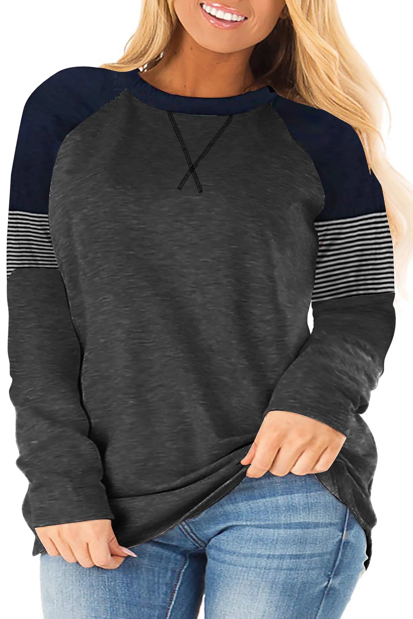 LANREMON Fall Casual Crew Neck Oversized T Shirts for Women Cute Striped Long Sleeve Plus Size Tunic Tops Blouse