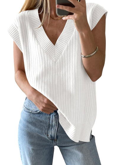 TEMOFON Womens Sweater Vest Fall V Neck Ribbed Knit Sleeveless Sweater Vest Casual Oversized Loose Fit Pullover Tank Tops