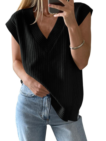 TEMOFON Womens Sweater Vest Fall V Neck Ribbed Knit Sleeveless Sweater Vest Casual Oversized Loose Fit Pullover Tank Tops