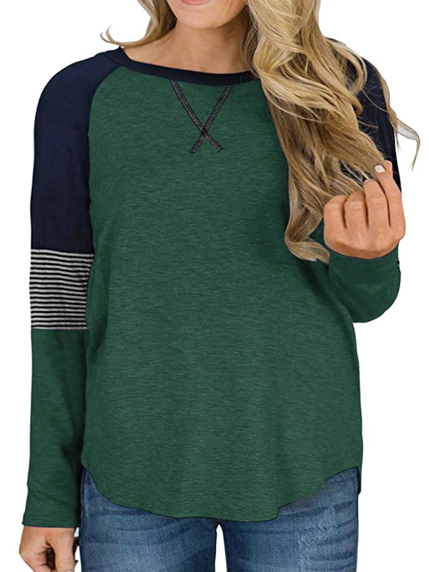 LANREMON Fall Casual Crew Neck Oversized T Shirts for Women Cute Striped Long Sleeve Plus Size Tunic Tops Blouse