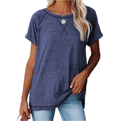 SHIBEVER T Shirts for Women Tops Summer Casual Short Sleeve Tunic Tops for Women Loose Color Block T Shirts Side Slit Crew Neck Lady Tops Blouses Gray L