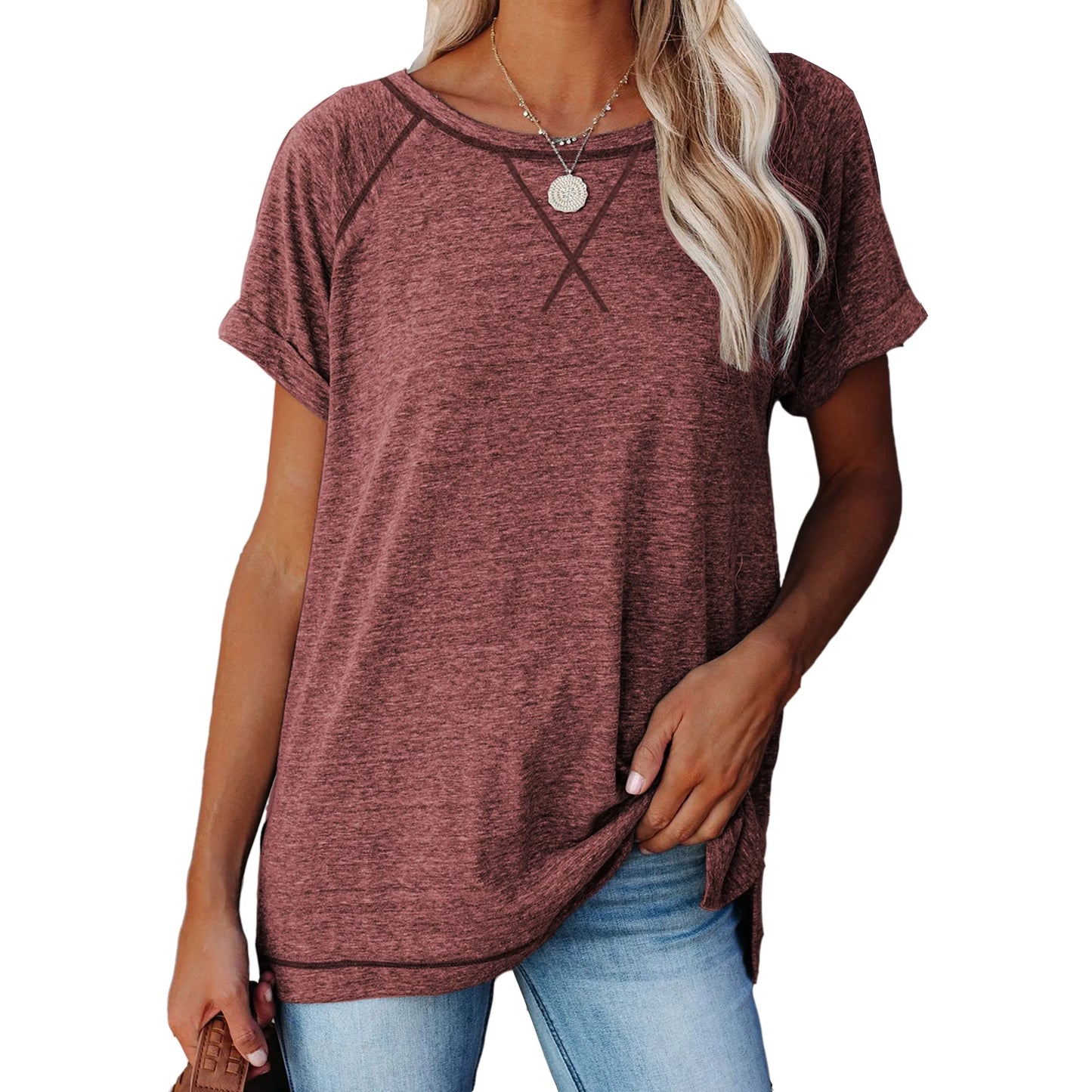 SHIBEVER T Shirts for Women Tops Summer Casual Short Sleeve Tunic Tops for Women Loose Color Block T Shirts Side Slit Crew Neck Lady Tops Blouses Gray L