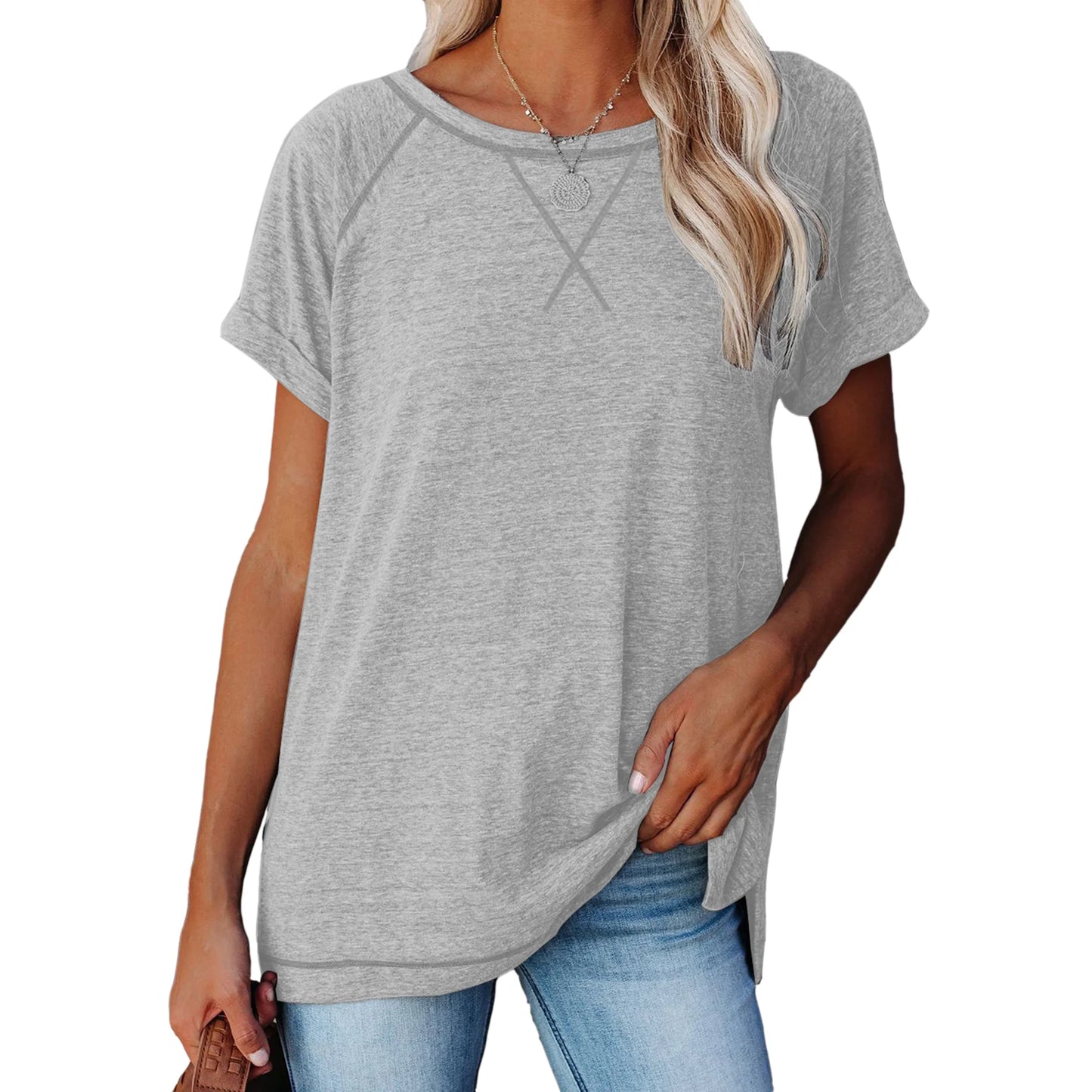 SHIBEVER T Shirts for Women Tops Summer Casual Short Sleeve Tunic Tops for Women Loose Color Block T Shirts Side Slit Crew Neck Lady Tops Blouses Gray L