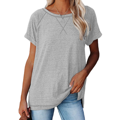 SHIBEVER T Shirts for Women Tops Summer Casual Short Sleeve Tunic Tops for Women Loose Color Block T Shirts Side Slit Crew Neck Lady Tops Blouses Gray L