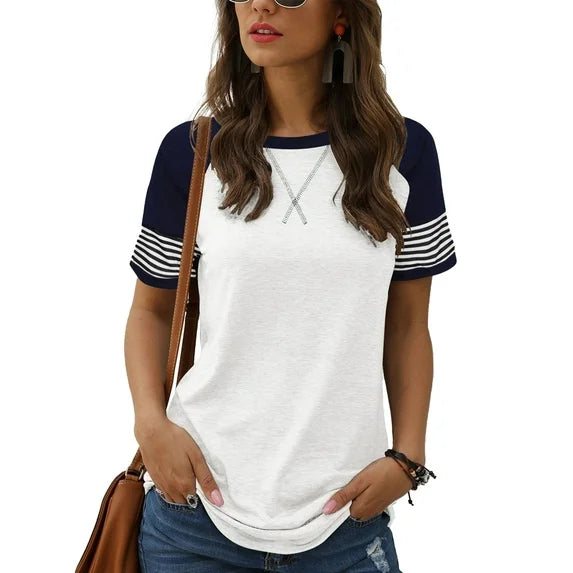 TEMOFON Summer Short Sleeve Tops for Women Color Block Casual Tunic Crew Neck Cute Striped T Shirts