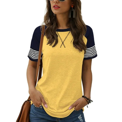 TEMOFON Summer Short Sleeve Tops for Women Color Block Casual Tunic Crew Neck Cute Striped T Shirts