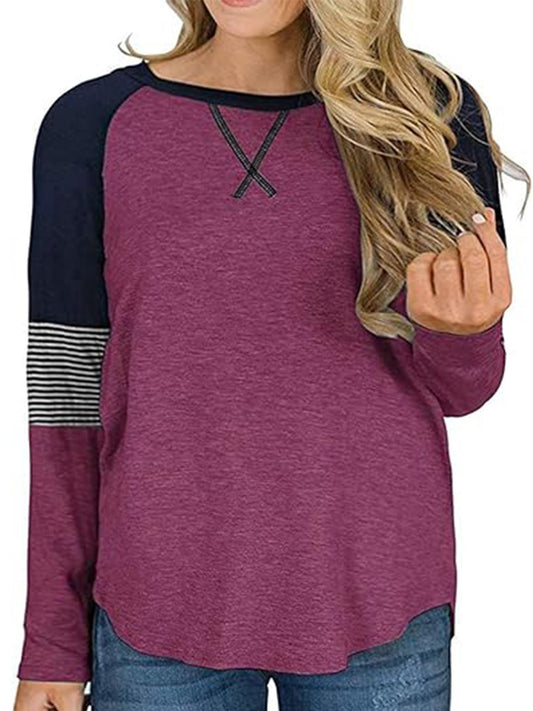 LANREMON Fall Casual Crew Neck Oversized T Shirts for Women Cute Striped Long Sleeve Plus Size Tunic Tops Blouse