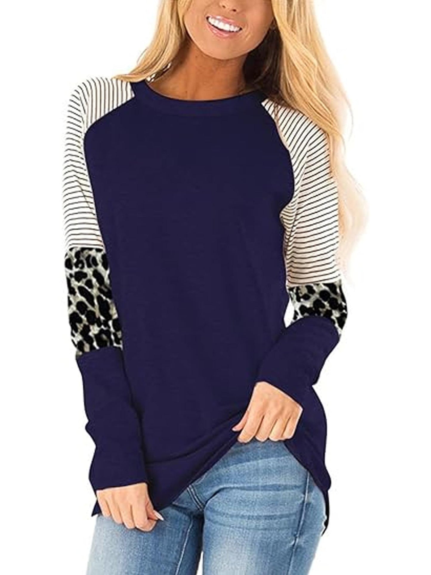 SHIBEVER Women's Long Sleeve Tops Round Neck T-Shirts for Women Fall Fashion Leopard Print Tops Casual Workout Loose Tunics Tops