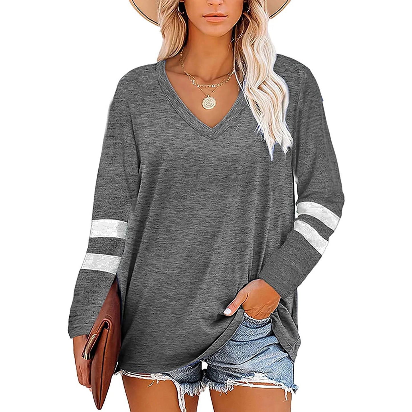 SWQZVT Tops for Women Casual Fall V-Neck Blouse Women Long Sleeve Tunics Top Comfy Softness Striped Shirts