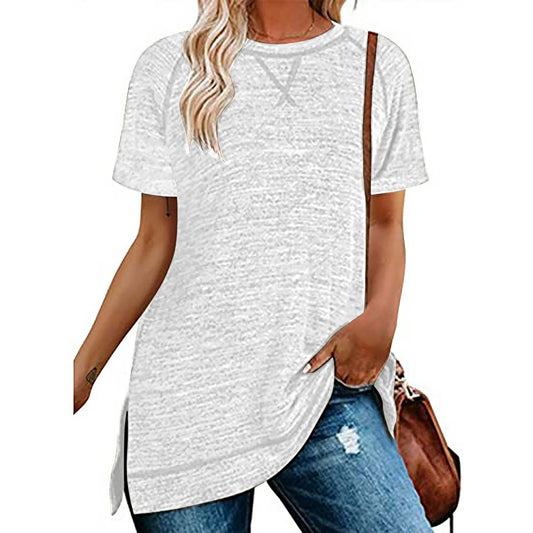 SHIBEVER Summer Short Sleeve T Shirts for Women Plus Size Casual Loose Side Split Tunic Tops Comfortable Crew Neck Tops