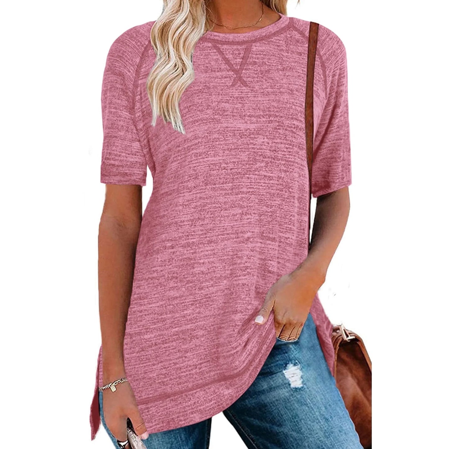 SHIBEVER Summer Short Sleeve T Shirts for Women Plus Size Casual Loose Side Split Tunic Tops Comfortable Crew Neck Tops