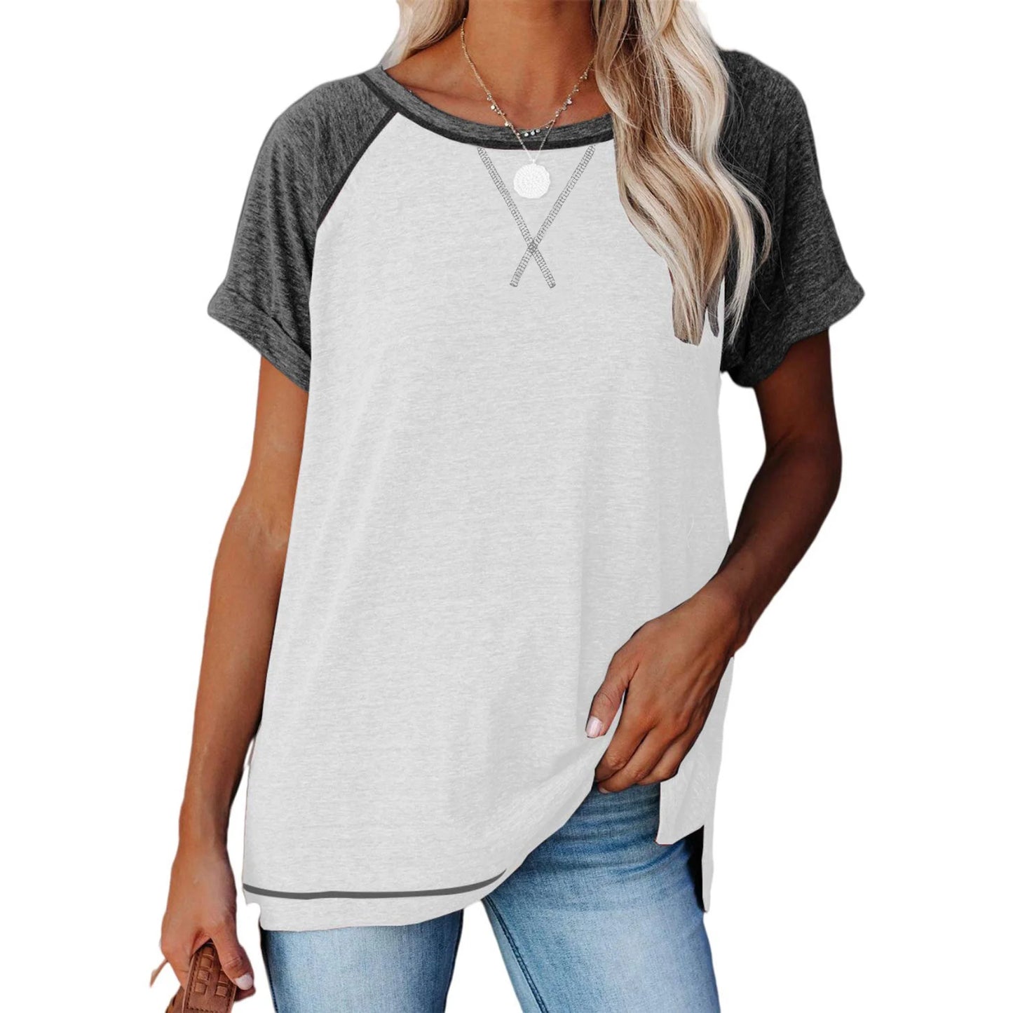 SHIBEVER T Shirts for Women Tops Summer Casual Short Sleeve Tunic Tops for Women Loose Color Block T Shirts Side Slit Crew Neck Lady Tops Blouses