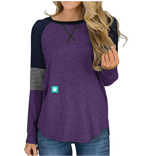 SHIBEVER Long Sleeve Tops for Women Fall Fashion Clothing Round Neck Tunic Top Striped T Shirts Casual Color Block Tops Blouses