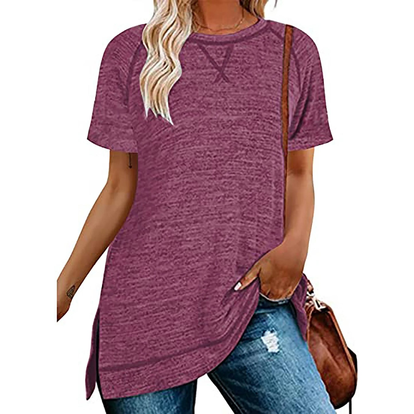 SHIBEVER Summer Short Sleeve T Shirts for Women Plus Size Casual Loose Side Split Tunic Tops Comfortable Crew Neck Tops