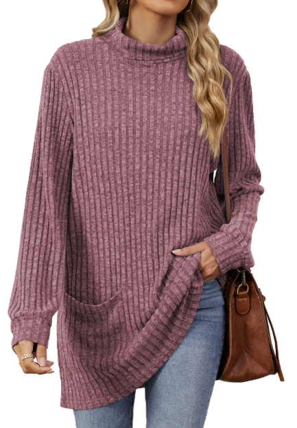 TEMOFON Womens Sweaters Long Sleeve Tunic Tops Casual Fall Turtleneck Soft Sweaters Comfy Shirts Loose Knit Pullover for Women Winter Clothes with Pocket