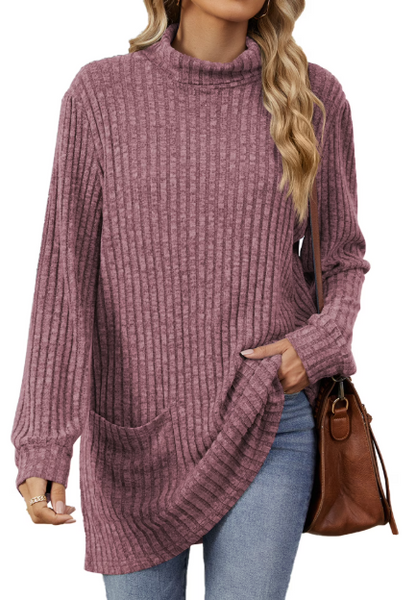 TEMOFON Womens Sweaters Long Sleeve Tunic Tops Casual Fall Turtleneck Soft Sweaters Comfy Shirts Loose Knit Pullover for Women Winter Clothes with Pocket