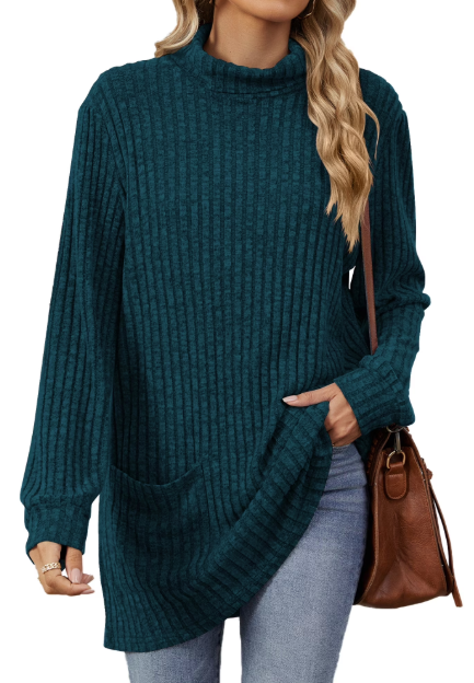 TEMOFON Womens Sweaters Long Sleeve Tunic Tops Casual Fall Turtleneck Soft Sweaters Comfy Shirts Loose Knit Pullover for Women Winter Clothes with Pocket