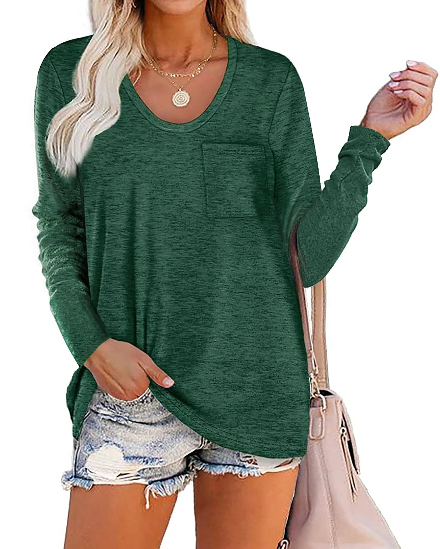 SHIBEVER Fall Tunic Tops Blouses for Women Long Sleeve Crew Neck Casual Pocket T-Shirts Black lightweight Pullover Clothes