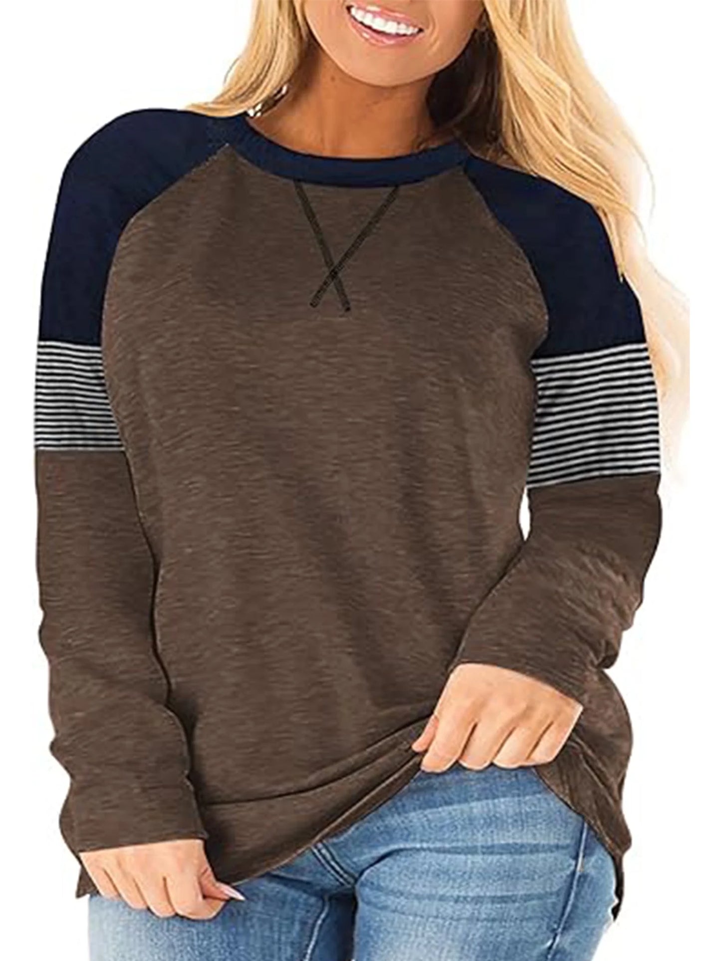 LANREMON Fall Casual Crew Neck Oversized T Shirts for Women Cute Striped Long Sleeve Plus Size Tunic Tops Blouse
