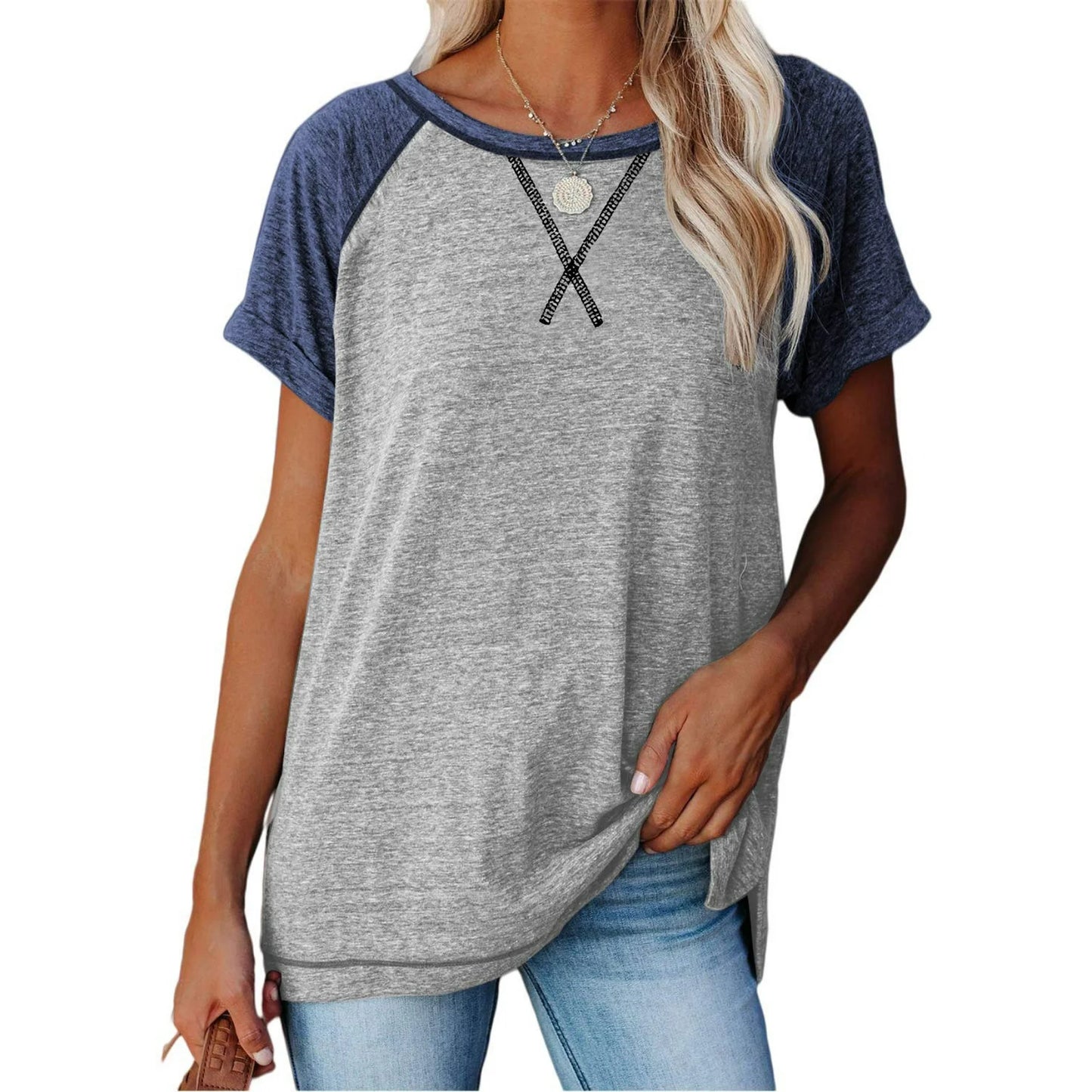 SHIBEVER T Shirts for Women Tops Summer Casual Short Sleeve Tunic Tops for Women Loose Color Block T Shirts Side Slit Crew Neck Lady Tops Blouses