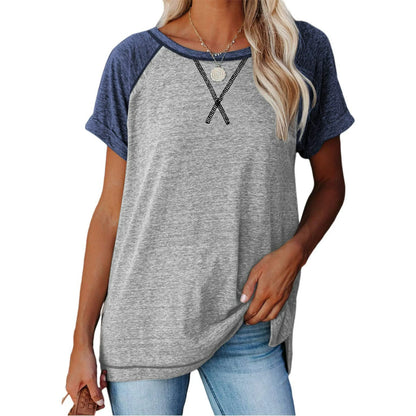 SHIBEVER T Shirts for Women Tops Summer Casual Short Sleeve Tunic Tops for Women Loose Color Block T Shirts Side Slit Crew Neck Lady Tops Blouses