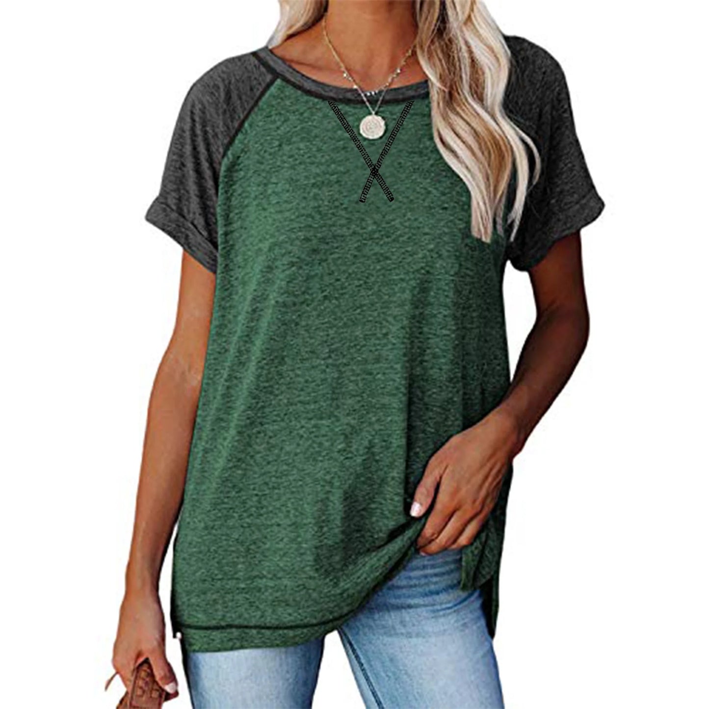 SHIBEVER T Shirts for Women Tops Summer Casual Short Sleeve Tunic Tops for Women Loose Color Block T Shirts Side Slit Crew Neck Lady Tops Blouses