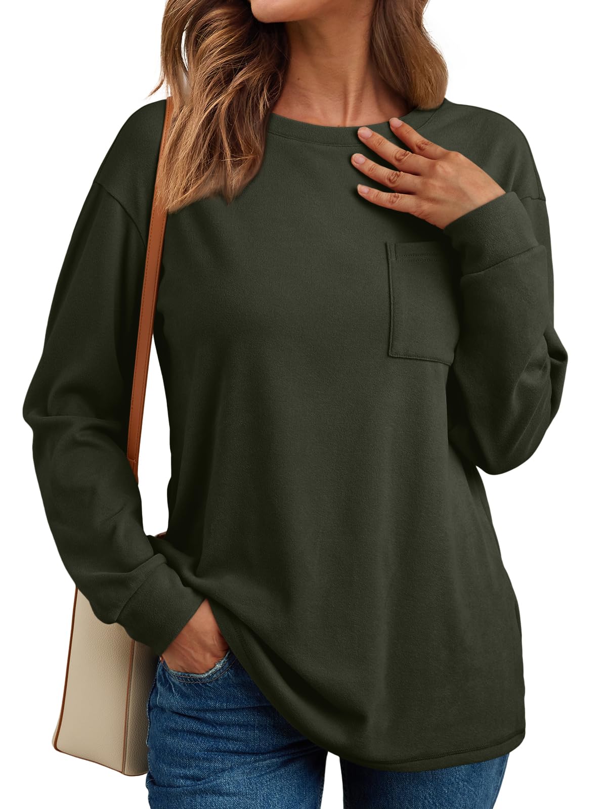 SHIBEVER Long Sleeve Shirts for Womens Tops for Women Trendy Casual Womens Crew Neck Shirt with Pocket Fall Shirts for Women 2025 Winter Clothes Army Green
