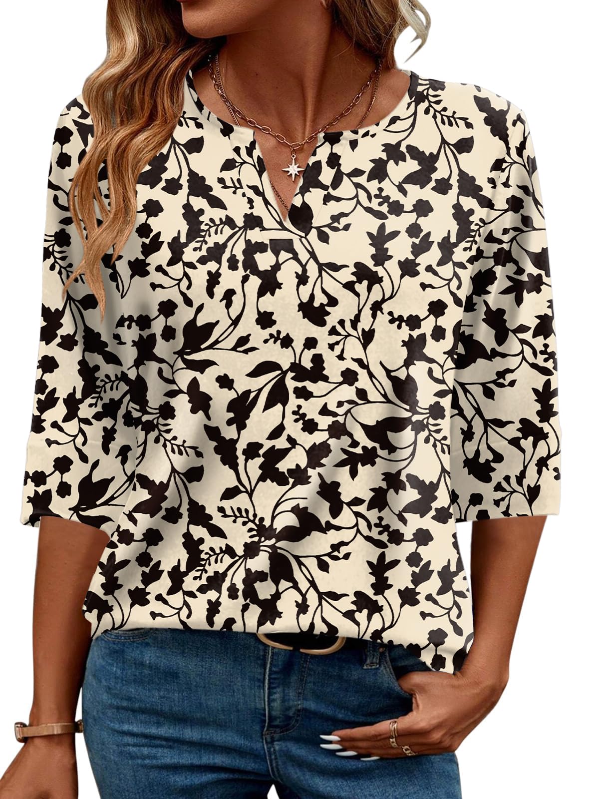 TEMOFON Women's Boho Print 3/4 Sleeve Tops V Neck Tunic Blouses Dressy Casual Shirts Summer Lightweight Floral Paisley Pattern Tee
