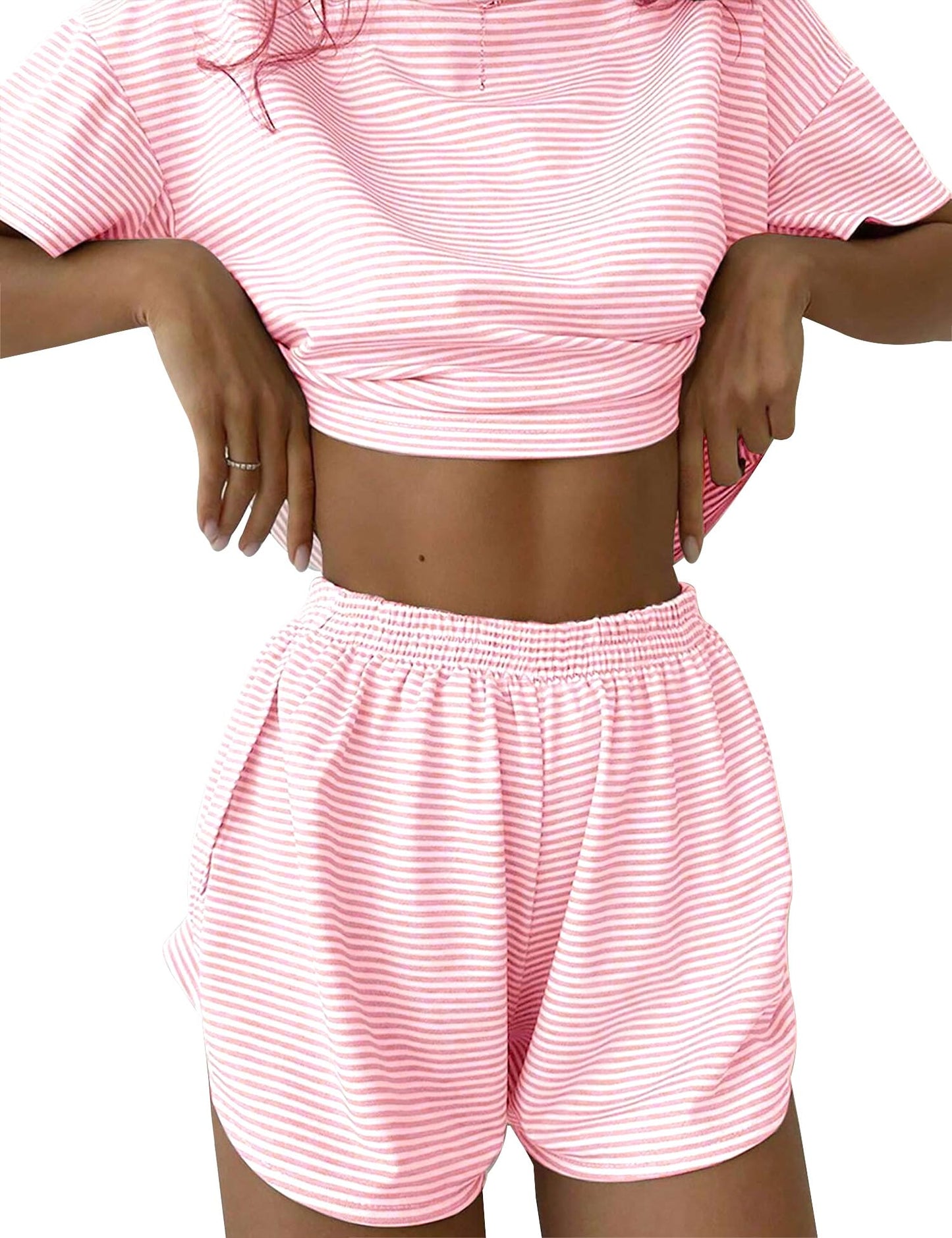 TEMOFON Women's 2 Piece Striped Lounge Set, Summer Casual Comfy Short Sleeve Top & Matching Shorts Loungewear Set