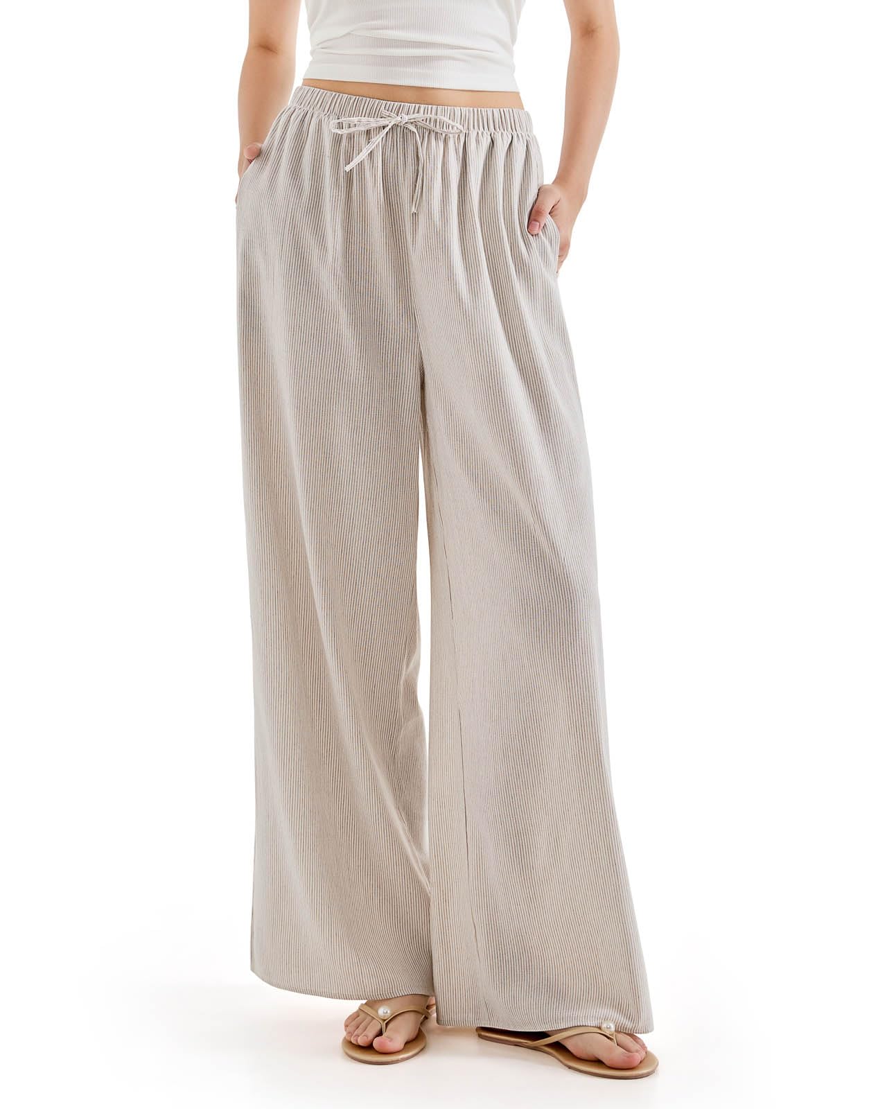 SWQZVT Women's Linen Wide Leg Pants High Waisted Palazzo Lounge Pants Drawstring Elastic Waist Casual Summer Beach Vacation Pants with Pockets