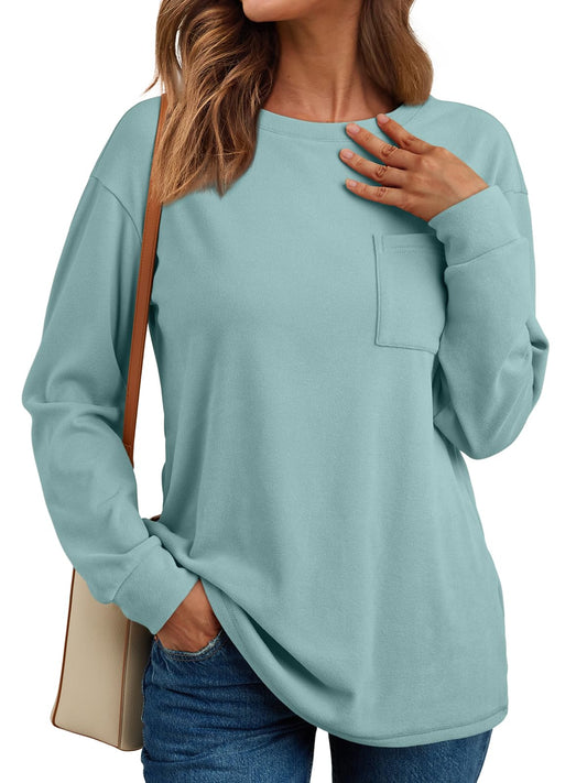 SHIBEVER Long Sleeve Shirts for Women Fall Shirts for Womens Tops Trendy Crew Neck Womens Long Sleeve Tops Autumn Comfy Winter Clothes Light Green