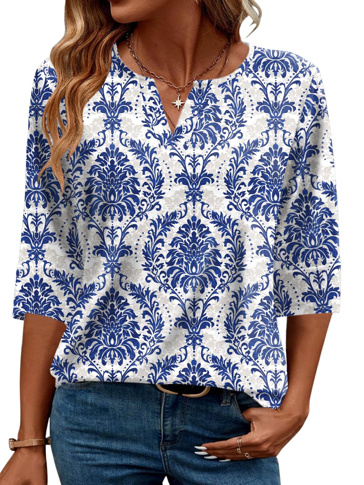 TEMOFON Women's Boho Print 3/4 Sleeve Tops V Neck Tunic Blouses Dressy Casual Shirts Summer Lightweight Floral Paisley Pattern Tee