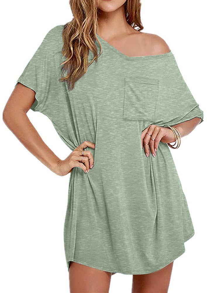 SWQZVT Womens Cotton Sleep Shirts V Neck Nightgown Oversized T Shirt Nightshirt Short Sleeve Sleepwear Lounge Dress