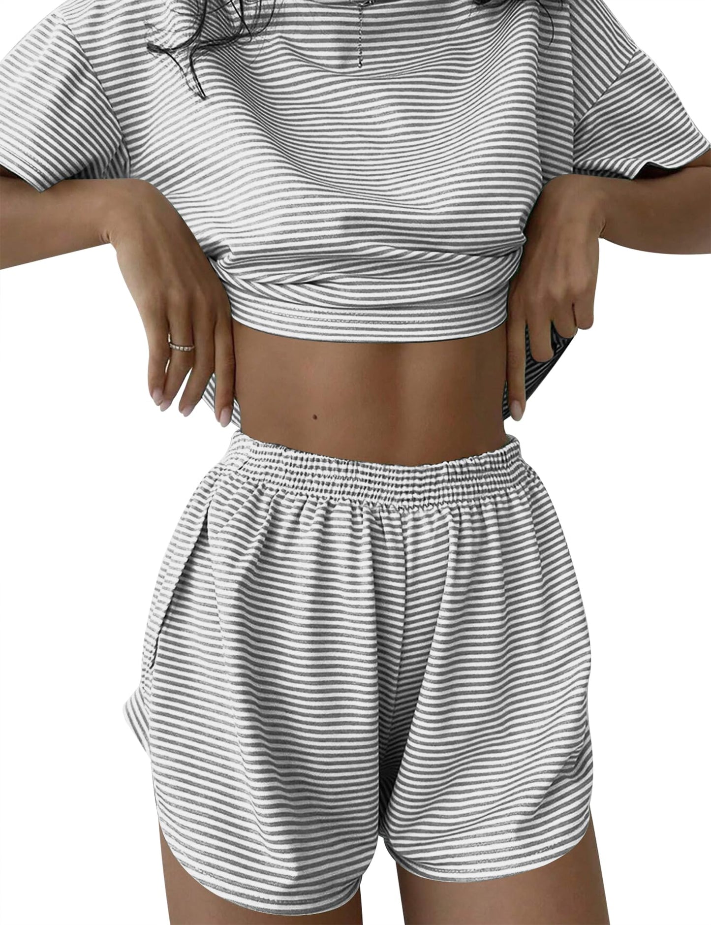 TEMOFON Women's 2 Piece Striped Lounge Set, Summer Casual Comfy Short Sleeve Top & Matching Shorts Loungewear Set