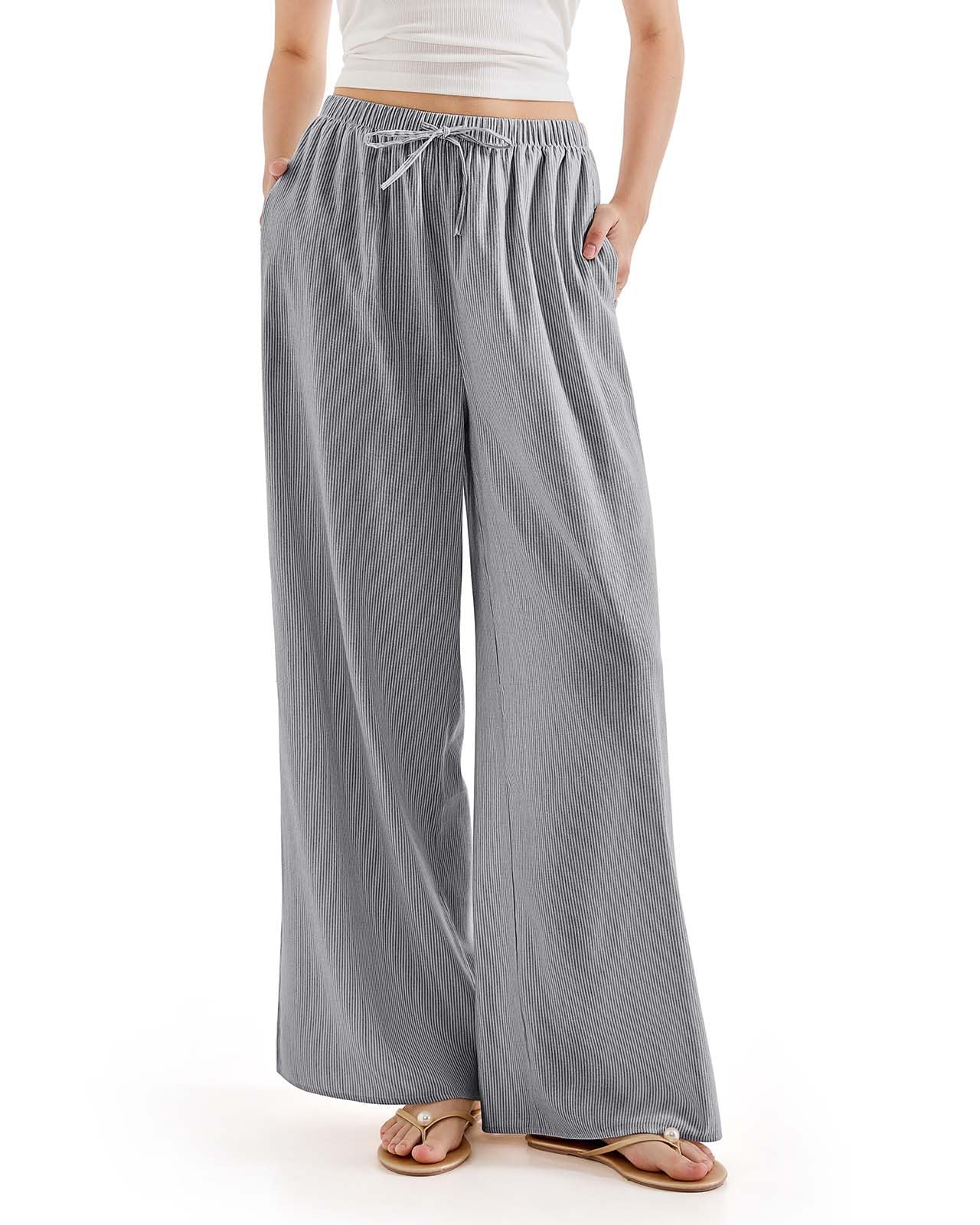 SWQZVT Women's Linen Wide Leg Pants High Waisted Palazzo Lounge Pants Drawstring Elastic Waist Casual Summer Beach Vacation Pants with Pockets