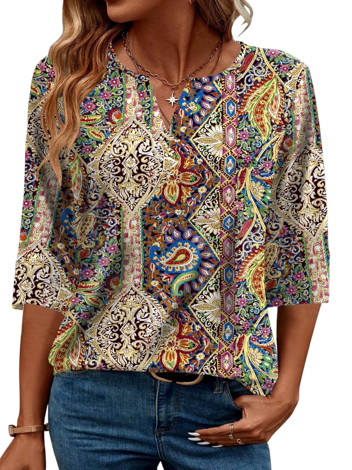 TEMOFON Women's Boho Print 3/4 Sleeve Tops V Neck Tunic Blouses Dressy Casual Shirts Summer Lightweight Floral Paisley Pattern Tee
