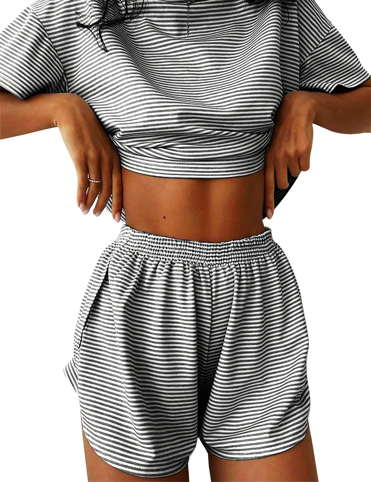 TEMOFON Women's 2 Piece Striped Lounge Set, Summer Casual Comfy Short Sleeve Top & Matching Shorts Loungewear Set