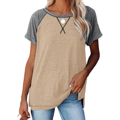SHIBEVER T Shirts for Women Tops Summer Casual Short Sleeve Tunic Tops for Women Loose Color Block T Shirts Side Slit Crew Neck Lady Tops Blouses