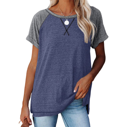 SHIBEVER T Shirts for Women Tops Summer Casual Short Sleeve Tunic Tops for Women Loose Color Block T Shirts Side Slit Crew Neck Lady Tops Blouses