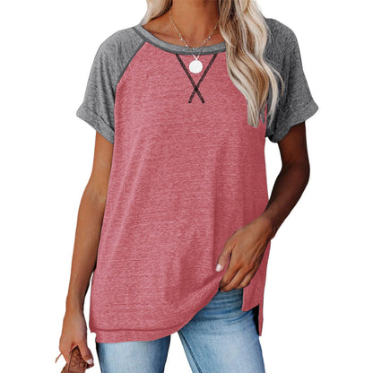 SHIBEVER T Shirts for Women Tops Summer Casual Short Sleeve Tunic Tops for Women Loose Color Block T Shirts Side Slit Crew Neck Lady Tops Blouses