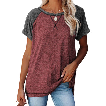 SHIBEVER T Shirts for Women Tops Summer Casual Short Sleeve Tunic Tops for Women Loose Color Block T Shirts Side Slit Crew Neck Lady Tops Blouses