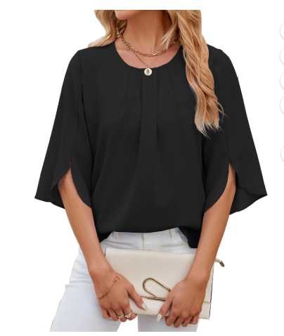 TEMOFON Womens Blouses Summer Casual Tops Dressy T Shirts Pleated Scoop Neck 3/4 Sleeve Office Work Chiffon Shirts