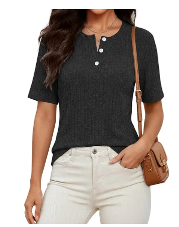 SWQZVT Womens Tops Short Sleeve Casual Henley Shirts Spring Dressy Soft Sweaters Loose Knit Blouse